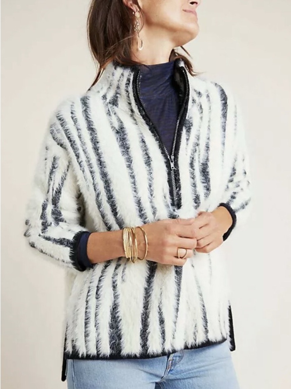 Anthropologie White & Navy Faux-Fur Striped‎ Half-Zip Sweater